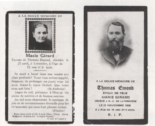 Cartes Mortuaires de Marie Girard et Thomas Emond. Source: 1. Hébert, Pierre-Maurice et Société historique du Saguenay, Le curé Hébert: un siècle d'histoire, 1810-1888, Volume 1, Éditions de l'Écho, 1988 - 408 pages; et 2. Hébert, Pierre-Maurice et Société historique du Saguenay, Le curé Hébert: un siècle d'histoire, 1810-1888, Volume 2, Éditions de l'Écho, 1999 - 431 pages. 